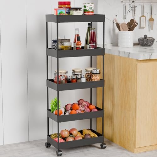 TEX-RO Plastic Storage Rack for Bedroom/Shelf for Bedroom/Bathroom Storage Rack/Trolley for Kitchen Storage/Multipurpose Storage Rack (Black, 5 Layer)