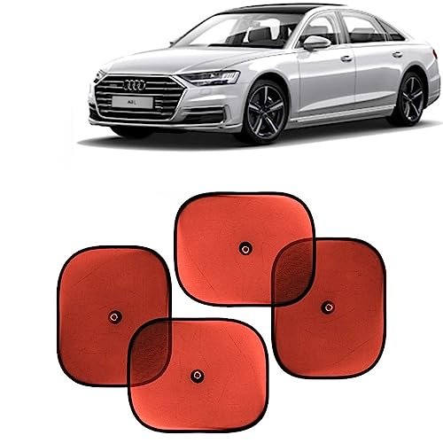 KINGSWAY Car Window Curtain Sticky Sun Shades Compatible with Audi A8L, (Year 2015 Onwards), Universal Fit Sunshades for Side Window, Rear Window, Red Color, 4 Pieces