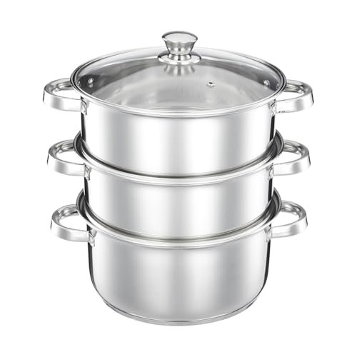 Amazon Brand – Solimo Stainless Steel 3-Tier Steamer with Glass Lid | 24 cm | Induction Bottom | For Modak, Momos & More | Multi-Layer Cooking | Rust-Resistant