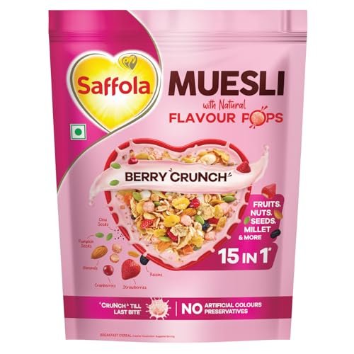 Saffola Muesli Berry Crunch with Flavour Pops, 450 gm | 15 in 1 Fruit and Nuts, Seeds, Millet & more | Cereals for breakfast rich with wholegrain, protein, fibre