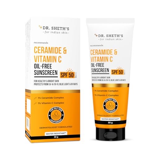 Dr. Sheth’s Ceramide & Vitamin C Oil-Free Sunscreen SPF 50+ PA++++ | With 2% Vitamin C Complex, 1% Ceramide | In-Vivo Tested | For Healthy & Bright Skin | Lightweight & Non Greasy | For UVA/UVB & Blue Light & IR Protection | No white cast | For Oily Skin | For Men & Women | 50 g
