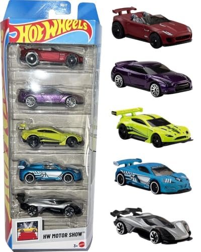 Hot Wheels Car 2026 Motor Show Pack of 5 (15 Jaguar F-Type Project 7, 2009 Nissan GT-R, Aston Martin Vantage GT3, Celero GT, Renault Sport R.S. 01) Multi – Color