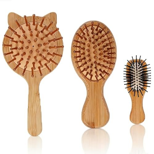 Sleek Hair Brush, Wooden Hair Brush 3-Piece Set, Bamboo Vent Cushion Comb for Smoothing and Styling, Compact Design for Personal Use and Travel