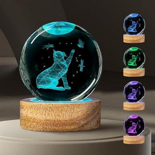 GITGRNTH 3D Crystal Ball Lamp with 16 Colors Changing LED Wooden Base – Solar System Night Light, Galaxy Lamps, Galaxy Crystal Ball Light with USB (16 Color Hand Cat)