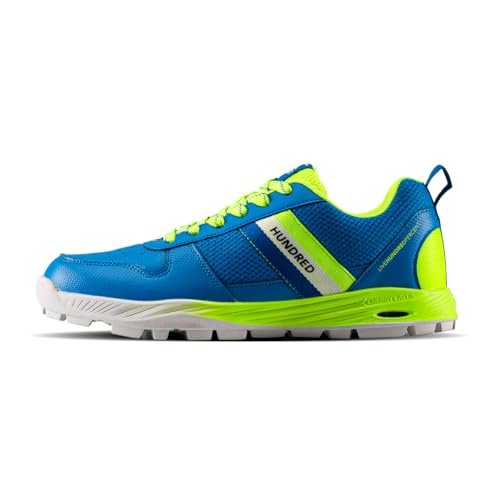 Hundred PitchStrike Cricket Shoes|Multi-Surface Grip with TerraSpike Outsole|Energy Layer Midsole|Lightweight, Breathable | Ideal for Turf, Ground & Hard Surfaces (Blue/Lime/White;UK 6)