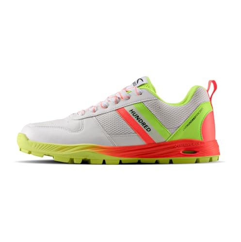 Hundred PitchStrike Cricket Shoes|Multi-Surface Grip with TerraSpike Outsole|Energy Layer Midsole|Lightweight, Breathable | Ideal for Turf, Ground & Hard Surfaces (White/Orange/Lime Green;UK 10)