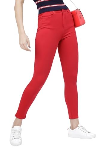 Tokyo Talkies Women Red Solid Slim Fit Cropped Trousers