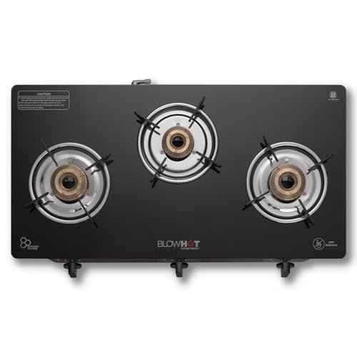 BLOWHOT Manual Ignition Premium Design Majesty 3 Burners Gas Stove (ISI Certified) – 2 Year Warranty, Heavy Brass Tri-Pin Burner, Thick Toughened Glass Top, LPG Compatible Cooktop for Modular Kitchen