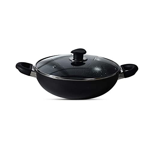 Bergner Essential Plus 5 Layer Marble Non Stick Kadai/Kadhai with Glass Lid, 26 cm, 4.5 litres, Induction Base, Food Safe (PFOA Free), Thickness 2.8mm, Black
