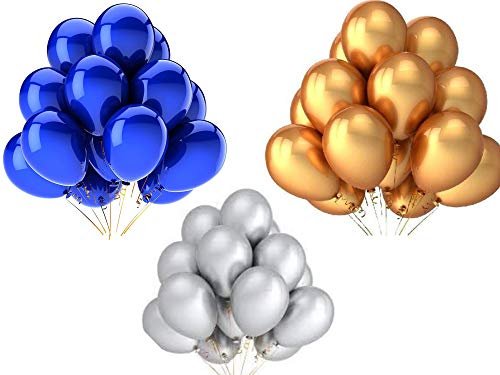 Vail Creations MADE IN INDIA 10inch Metallic Balloons for Birthday Decoration/Anniversary Party Decoration(Gold + Silver + Blue,Pack of 50)