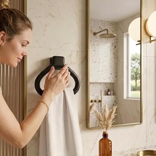 CIPLA PLAST Modern Wall Mounted Towel Ring Holder | Self-Adhesive Towel Ring for Bathroom | Premium Plastic Bathroom Hand Towel Hanger, Durable & Rust-Free, Easy Installation, (Black)