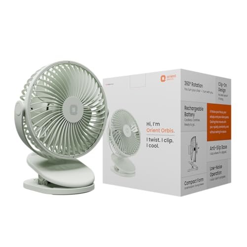 Orient Electric Orbis Rechargeable Personal Fan | 360° Rotation | 1800 mAh Battery | 4 Speed Modes with Timer | Quiet Operation | USB Type-C Charging | Clip-On Mini Fan | Matcha Green