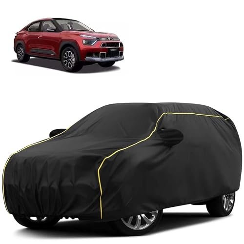 Sulfar 100% Water Resistant Car Body Cover Compatible with Mirror for CITROËN Basalt (Triple Stitched, Full Bottom Elastic, Black Tafetta with Yellow Piping)