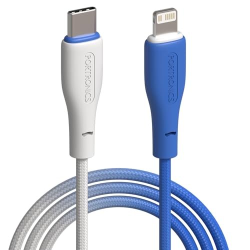Portronics Hue X 20W Dual Tone Colour Type C to 8 Pin Fast Charging Cable for iPhones,iPads, Laptops & Other 8 Pin Devices, 480Mbps Data Sync, Premium Braided Cable (White & Blue)