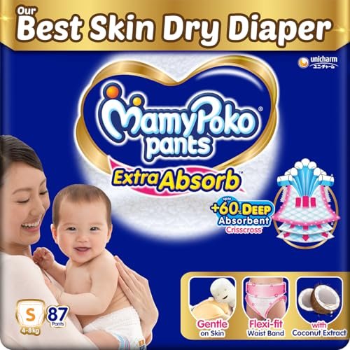 MamyPoko Pants Extra Absorb Baby Diapers, Small (S size) | 4-8 kg | 87 Count |Deep Sleep Diapers| Soft gentle fit |Deep Absorbent Crisscross | skin friendly with coconut oil |