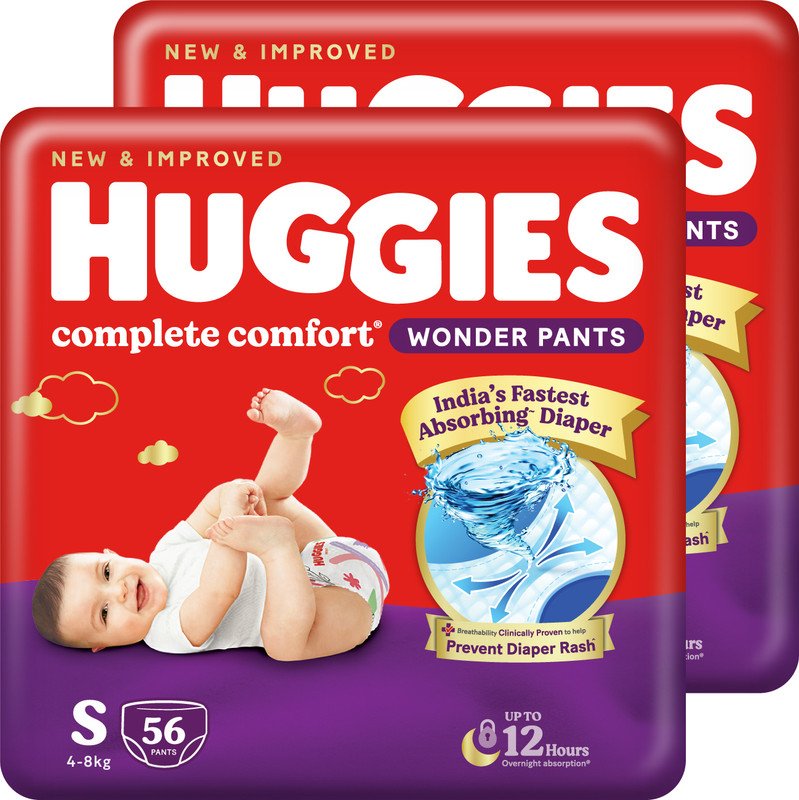 Huggies Complete Comfort Wonder Pants, India’s Fastest Absorbing Diaper | Pant Diapers – S(112 Pieces)