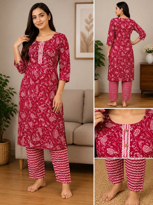 SHIFA TRADING Women Printed Straight Kurta(Red)
