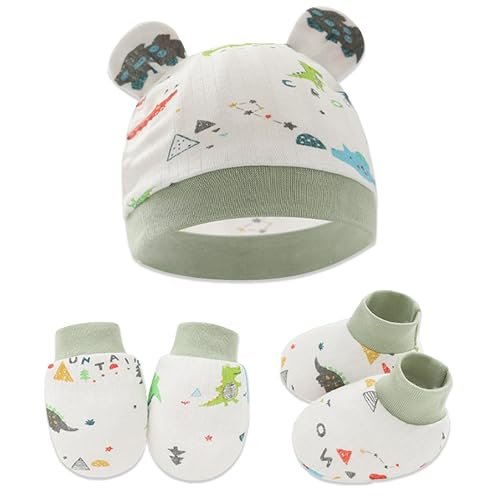 Bembika Cotton Baby Mittens – Soft, Non-Slip Baby Mittens & Socks for Winter, Warm Infant Cap for Scratching, 0-3 Months, Newborn Baby Mittens-(Little Dinosaur)