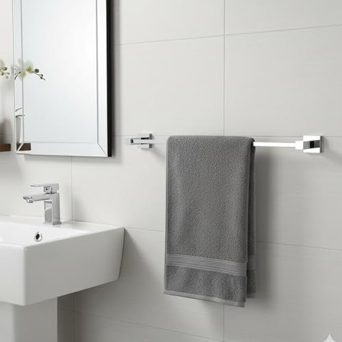 iBELL 60 cm (24-Inch) Towel Rod | Towel Rack for Bathroom | Towel Bar | Towel Hanger | Towel Stand | Bathroom Accessories – Square Design (Chrome Finish)