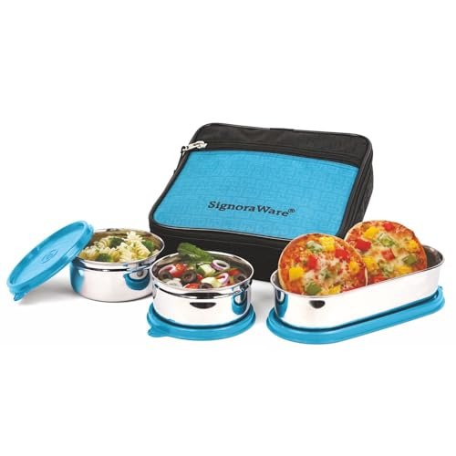 SignoraWare Health Bite Stainless Steel Lunch Box | Airtight & Leakproof | Compact & Easy to Carry | Ideal for Meal Prep, Travel & Everyday Use (350ml x 2 + 650ml | Setof3 | TBlue)