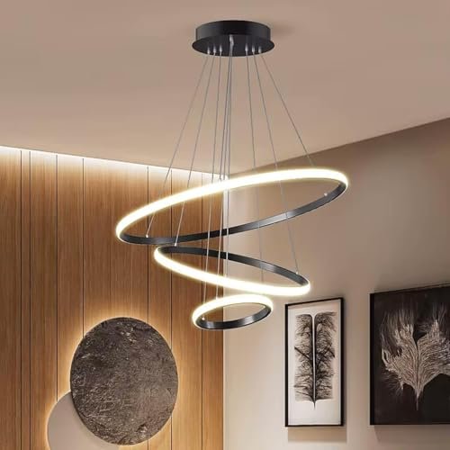 Desidiya 3 Ring LED Pendant Light Fixture for Indoor, Dining Table, Living Room, Kitchen Island, Café & Home Decor, Spiral 3 Ring LED Black Finish Decorative Hanging Light