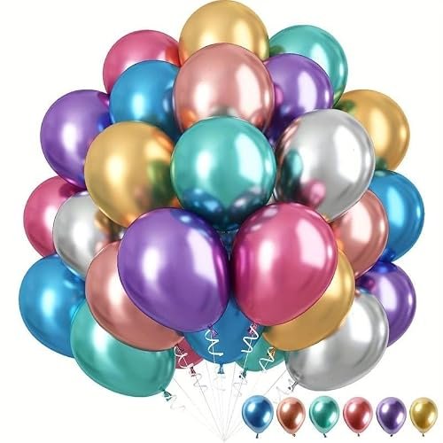Niku Pack of 50 Multicolor Metallic Balloons with ribbon | Birthday Anniversary Party Decoration Item