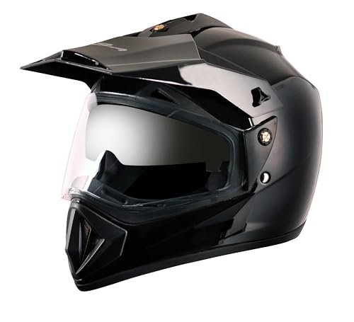 Vega Off Road ISI Certified Gloss Finish Full Face Dual Visor with Peak Helmet for Men and Women Outer Clear Visor and Inner Smoke Sun Visor(Black, Size:L)