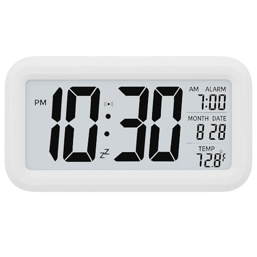 JASIFS Alarm Clock Digital Plastic Clock Table Clock for Students Watch for Study Home Office, Bedroom Kitchen Desk Alarm Clocks with Automatic Sensor Time, Date & Temperature (White Clock), 14*8 Cm