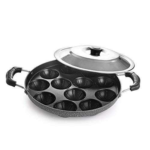 CELLO Aluminium Nonstick 12 Cavity Appam Patra Pan Maker with Steel Lid, Black | 2 Side Riveted Handle, Gas Stove Compatible Die-Cast Mini Uttappa Paniyarakkal Cup Cake Frying Pan Kadhai for Kitchen