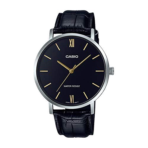 Casio MTP-VT01L-1B Men’s Minimalistic Black Dial Black Leather Band Analog Watch