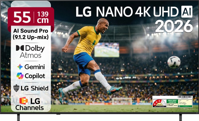 LG 139 cm (55 inch) Ultra HD (4K) LED Smart WebOS TV 2026 Edition with NANO Detail Enhancer, HDR10 Pro, 4K Super Upscaling Alpha7 AI Processor 4K Gen9, Dolby Atmos, AI Sound Pro (9.1.2 ch), Multi AI (Google Gemini & MS Copilot), Linear Flow Design, 60Hz VRR, 5 Years OS upgrade, Secured by LG Shield,