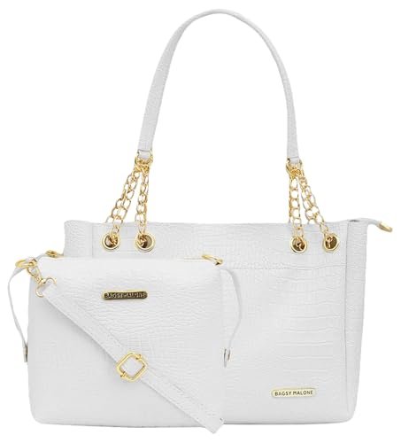 Bagsy Malone Tote Bag -Set of 2 | Handcrafted Side Tote Bag and Handbag for Office and College (Croco White)