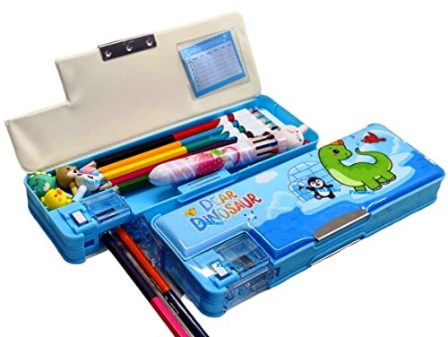 Funblast Plastic Magnetic Pencil Box With Sharpener Space Explorer Themed Luxury Pencil Case For Kids Stationery Organizer Pencil Box For Boys, Kids, Girls (Dinosaur) Multicolour
