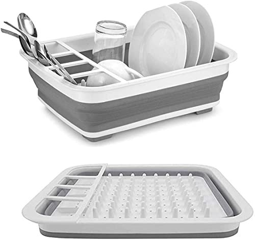 One Enterprises Collapsible Dish Drainer/Dish Drying Rack with Spoon Storage Holder Utensil Dinnerware Travel Organizer – Heavy Duty Plastic & Silicone (PP + TPE) – Dishwasher Safe for Easy Cleaning