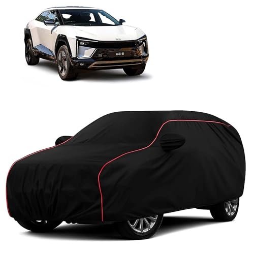 Sulfar 100% Water Resistant Car Body Cover Compatible with Mirror for Mahindra BE 6 (Triple Stitched, Full Bottom Elastic, Black with Red Piping)