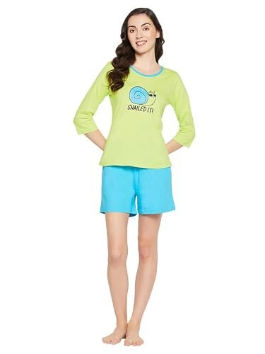 Clovia Women’s Cotton Print Top & Chic Basic Shorts Set (LS0661A11_Green_L)