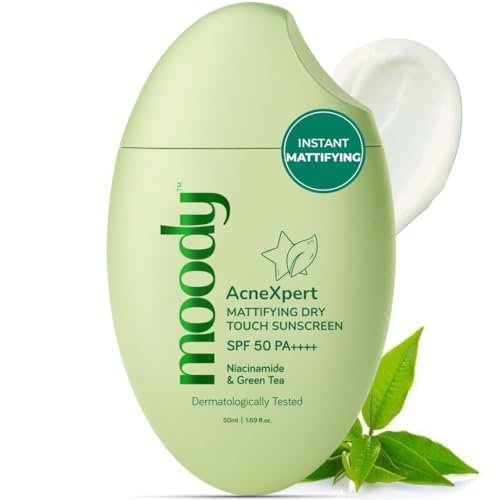 Moody AcneXpert Sunscreen Ultra Matte Gel SPF 50 PA++++ with Niacinamide & Green Tea | Sunscreen for Oily & Acne Prone Skin | Water & Sweat Resistant | No White Cast, Non-Greasy & Non-Comedogenic | 50ml