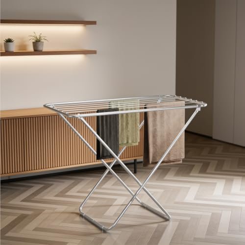 amazon basics Mild Steel Cloth Drying Stand – Folding, 30 Feet Drying Length, 8 Drying Rails, Lightweight (Silver)