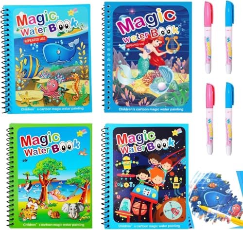 GLUN Water Magic Coloring Book for Kids (4 Books, 4 Themes) | Reusable No-Mess Painting Book with Magic Water Pen | Travel-Friendly Educational Toy for Toddlers Age 2-5years| Quick-Dry, Refillable