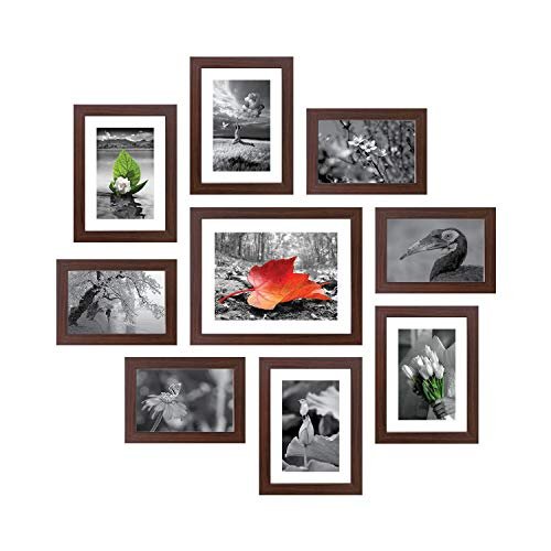 Amazon Brand – Solimo Synthetic Collage Set Of 9 Photo Frames ( 5 X 7 Inch – 4, 6 X 8 Inch – 4 & 8 X 10 Inch – 1) , Brown, Rectangular, wall mount