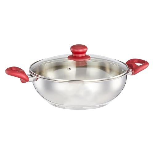 Amazon Brand – Solimo Stainless Steel Impact Bottom Kadhai with Glass Lid (26 cm) | Gas Stove and Induction Compatible | Ergonomic Handle | Dishwasher Safe