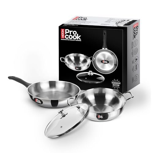 Milton Pro Cook Induction Cookware & Gas Stove Friendly Sandwich Bottom 3 Pc Cookware Set | Stainless Steel Kadhai & Fry Pan with Lid 22 cm | Deep Frying | Sauté | Scratch Resistant | 2Y Warranty