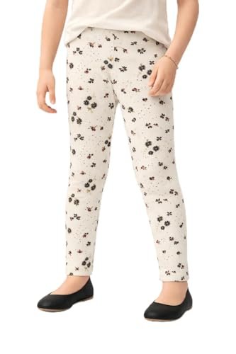 Amazon Brand – Symbol Kids Girls Stretchable Cotton Ribbed Non-Transparent Regular Fit Ankle Length Leggings (KD-LGG-SS25-146 (2-14 yrs)_Off White-AOP_12-14 Years)
