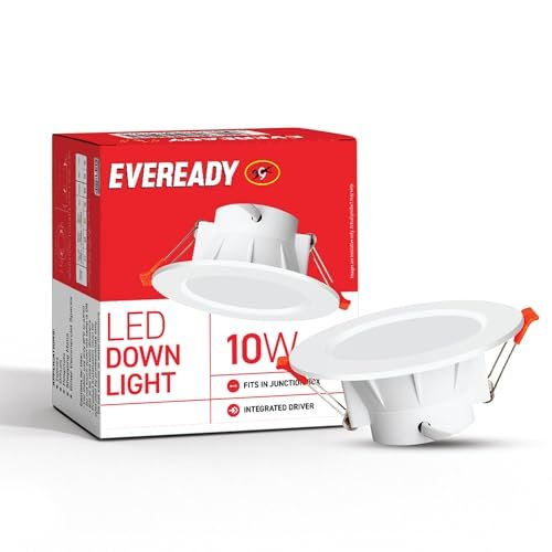 Eveready Aluminium 10W LED Downlight, Round Shape, Cool Day White, 80 Lm/W Efficiency, 4KV Surge Protection, 810 Lumens, 75Mm Cut Size, Lightweight, Integrated Driver, Junction Box Fit