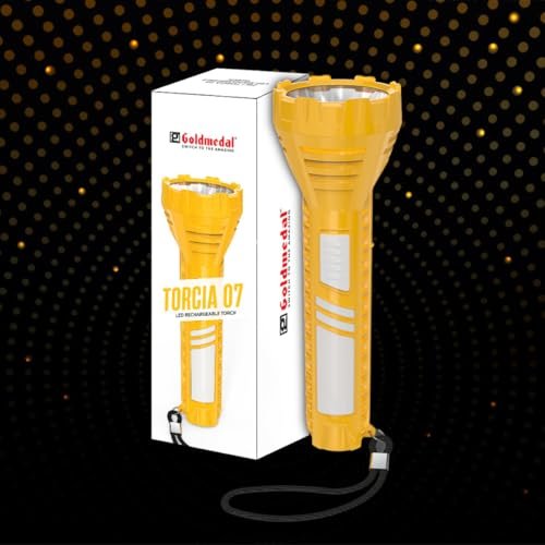Goldmedal Torcia 07 LED Rechargeable Torch Light | Powerful 1W Front Light & 2W Side Light |1200mAh Li-Ion Battery | Upto 4 Hours Battery Backup | Micro USB Charging | Torch for Camping & Hiking