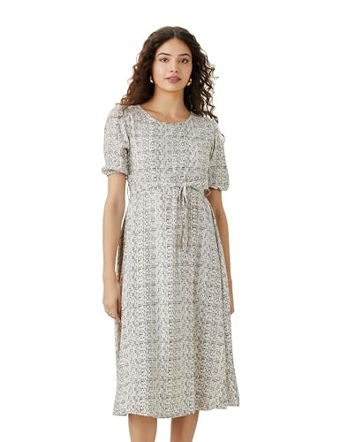 Amazon Brand – Symbol Women’s Rayon Fit and Flare One Piece Midi Length Dress (with Self Fabric Belt) (DR-04-WES-CONT_Off White_S)