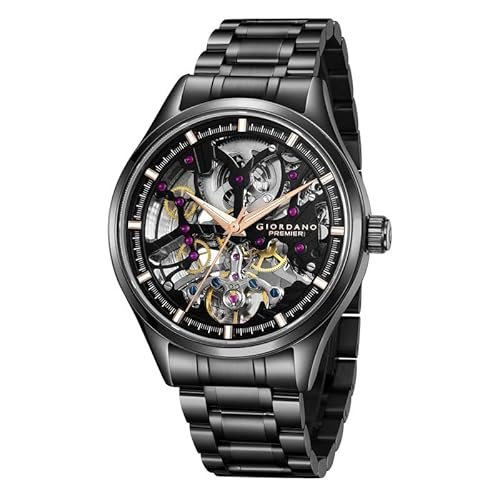 Giordano Premier Automatic Watch for Men with Skeleton Round Black Dial, Luminous Hands and Markers, Black Stainless Steel Strap – GZ-50225-11