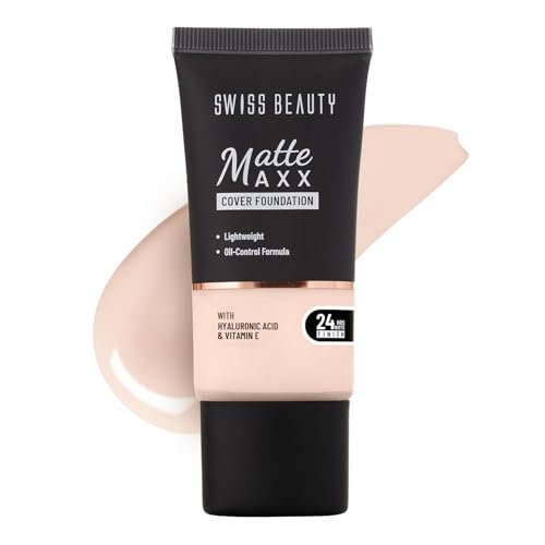 Swiss Beauty Matte Maxx Cover Foundation | 24- Hour Stay | With Hyaluronic Acid & Vitamin E | Oil-Control Formula | Shade 01 Fair Warm, 30g, Full coverage