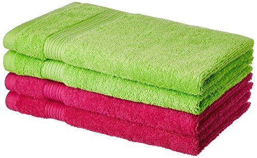 Amazon Brand – Solimo 100% Cotton 4 Piece Hand Towel Set, 500 GSM (Spring Green and Paradise Pink)
