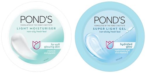 POND’S Light Face Moisturizer 200 ml, Daily Lightweight Non-Oily Cream with Vitamin E for Soft Glowing Skin, SPF 15 & POND’S Super Light Gel Oil Free Face Moisturizer 49g